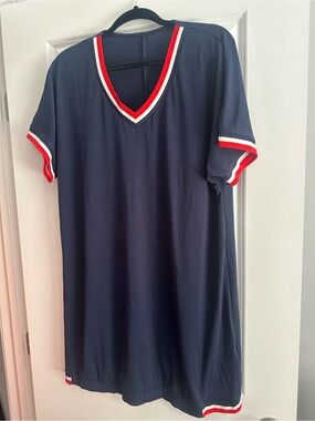 Navy Varsity-Stripe T-Shirt Dress / Beach Cover-Up